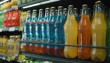 Bottles of colorful drinks on shelf in supermarket, shallow depth of fieldの素材