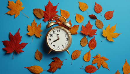Alarm clock and autumn leaves on blue background. Top view.の素材