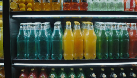 Bottles of fresh juice in a refrigerator. Selective focus.の素材