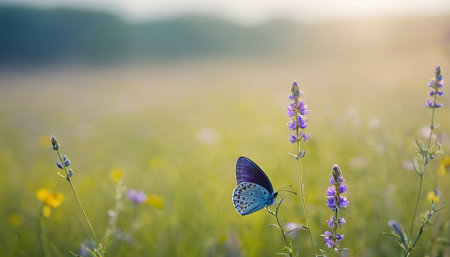 Butterfly on a flower in the meadow at sunset.の素材