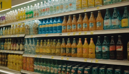 Shelves with bottles of beverages in a supermarket. Blurred backgroundの素材
