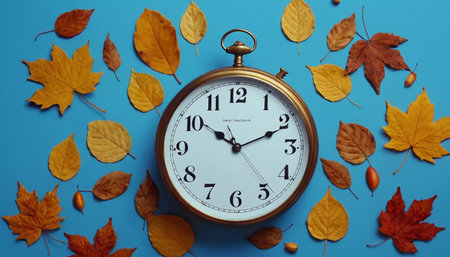 Autumnal background. Clock and autumn leaves on blue background.の素材