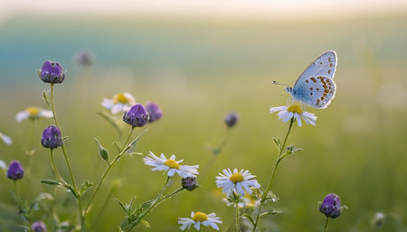 Butterfly sitting on a flower in a meadow in summerの素材