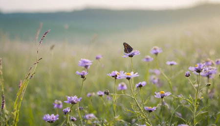 Butterfly on a purple flower in a meadow at sunsetの素材