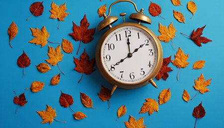 Retro alarm clock and autumn leaves on blue background, top viewの素材