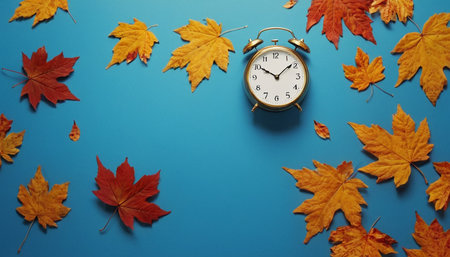 Alarm clock and maple leaves on blue background. Autumn concept.の素材