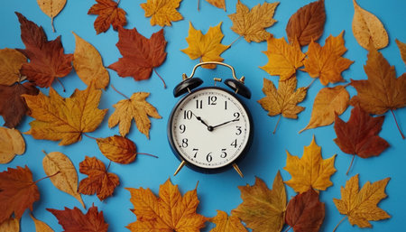 Vintage alarm clock and autumn leaves on blue background. Time conceptの素材