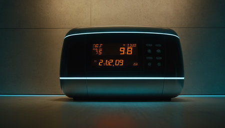 Digital alarm clock in dark room. 3D render. Time conceptの素材