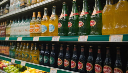 Bottles of beer on shelves in a supermarket.の素材