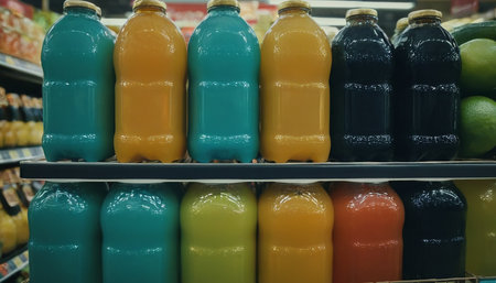 Juice bottles on shelves in supermarket, shallow depth of field.の素材