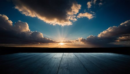 Wooden floor and sky with clouds at sunset. Nature background.の素材
