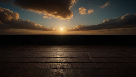 Sunset over the ocean with wooden floor. 3d rendering.の素材