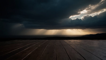 Stormy sky with rain clouds and wood floor background, Dramatic sky with dark clouds and wood floorの素材