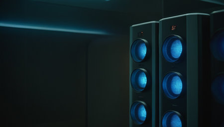3D render of a group of blue sound speakers in a dark roomの素材