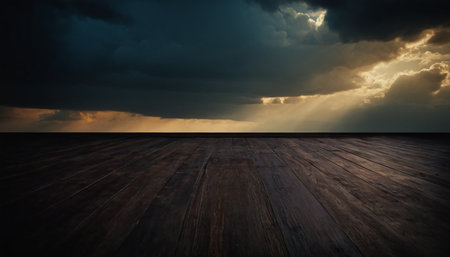 Dramatic sunset sky with dark clouds and wooden floor. Natural backgroundの素材
