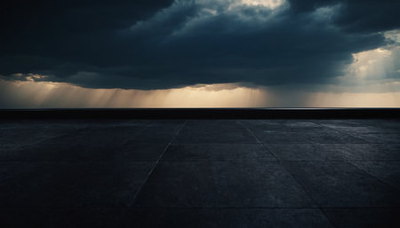 Dark dramatic sky with dark clouds and empty floor. 3d renderingの素材