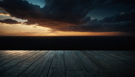 Sunset over the sea with wooden floor and dramatic sky background.の素材
