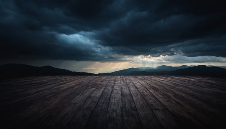Dark stormy sky with dark wooden floor and mountains in the backgroundの素材