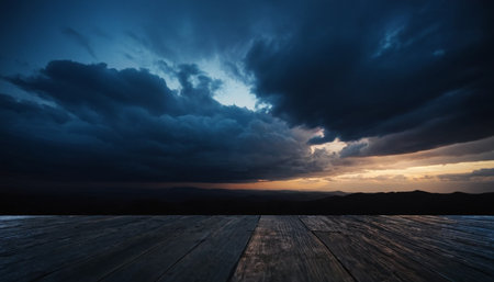 Dramatic sky with dark clouds and wooden floor, natural backgroundの素材