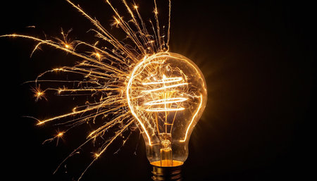 Glowing light bulb with sparklers on black background, idea conceptの素材