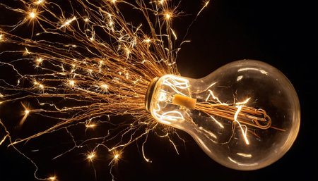 light bulb with sparks on black background, concept of idea and creativityの素材