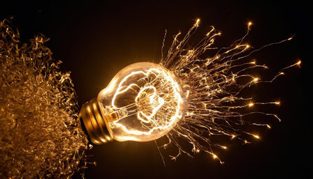 Glowing lightbulb with sparks on black background. Concept of ideaの素材