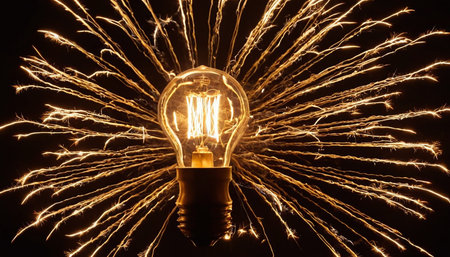 Incandescent light bulb with fireworks on black background, closeupの素材