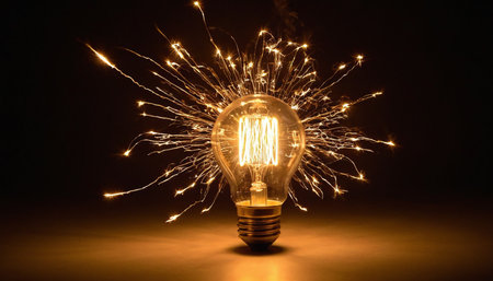 A burning lightbulb with sparks coming out on a black backgroundの素材