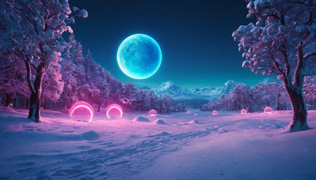 Fantasy winter landscape with snowy trees and full moon. 3d renderingの素材