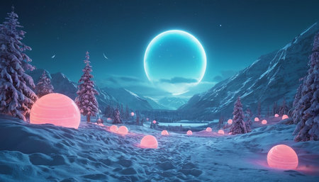 Fantasy winter landscape with snow covered trees and giant moon. 3D illustration.の素材