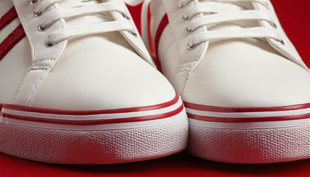 Pair of white sneakers on red background. Close-up.の素材
