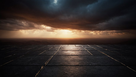 Sunset over a small square floor with a dramatic sky background.の素材