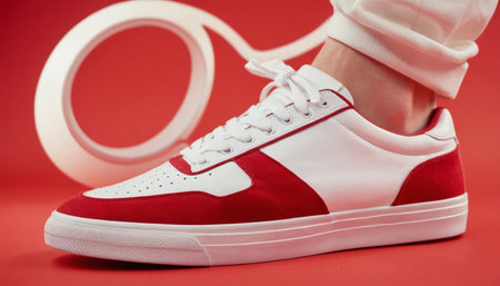 Red sneakers with white laces on a red background. Close-up.の素材