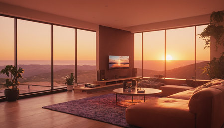 Living room with a beautiful view of the mountains. 3d renderingの素材