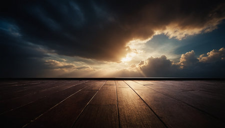 Wooden floor with dramatic sky and sun light background,sunsetの素材