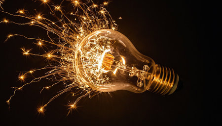Lightbulb on a black background with sparks coming out of itの素材