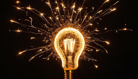 Incandescent light bulb with sparks on a black background. Idea conceptの素材