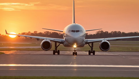 Airplane on the runway at sunset in the rays of the setting sunの素材