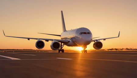 Airplane on the runway at sunset. Passenger aircraft in the airportの素材