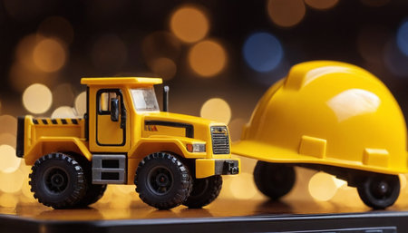 Toy construction truck with yellow hard hat on bokeh background.の素材