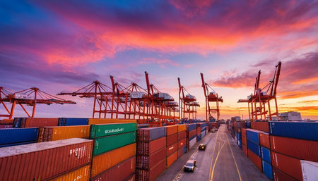 Container Cargo freight ship with working crane bridge at sunset for Logistic Import Export backgroundの素材