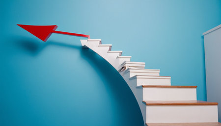 Conceptual image of stairs going up with red arrow pointing upの素材