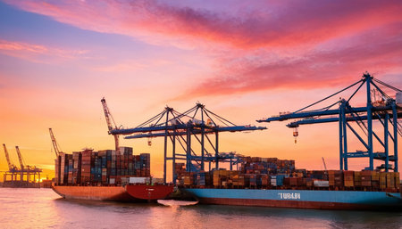 Industrial Container Cargo freight ship with working crane bridge at sunset for Logistic Import Export backgroundの素材