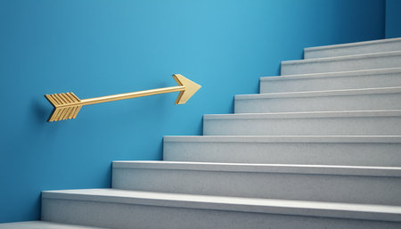 Arrow in the blue wall with stairs, 3D rendering.の素材