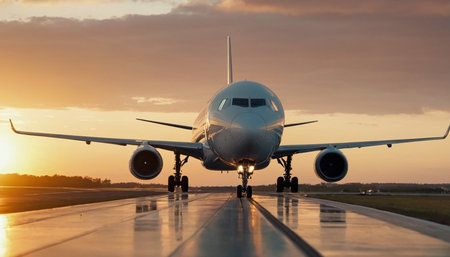 Airplane on the runway at sunset. Concept of travel and business.の素材