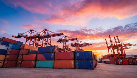 Container Cargo freight ship with working crane bridge at sunset for Logistic Import Export backgroundの素材