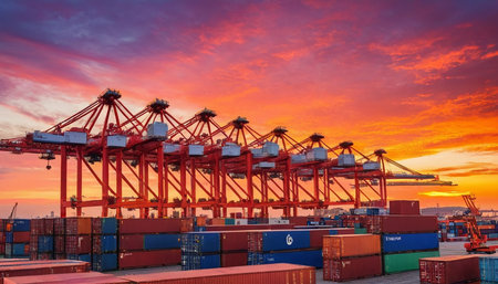 Container Cargo freight ship with working crane bridge at sunset for Logistic Import Export backgroundの素材