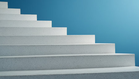 White stairs on blue background, 3d rendering. Computer digital drawing.の素材
