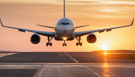 Airplane taking off from runway at airport. Airplane taking off at sunsetの素材