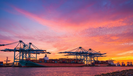Container Cargo freight ship with working crane bridge at dusk for Logistic Import Export backgroundの素材